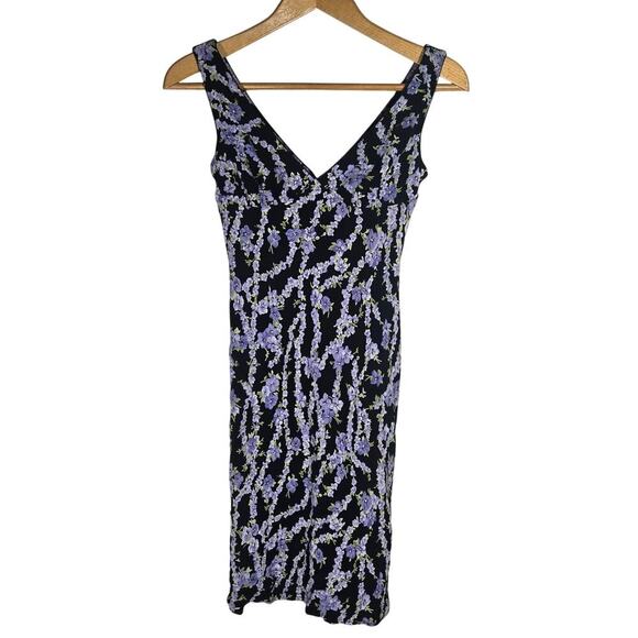 Vintage Bebe Babydoll Midi Dress Purple Floral Black Rayon USA Boho Feminine M - Picture 1 of 7